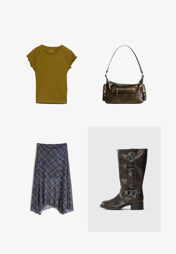 Olivegrön t-shirt med kort ärm och rundad halsringning, något fransade ärmkanter och mjukt, stretchigt tyg.; Svart rutigt kjol med blå och bruna linjer, flödande design, medellång, tillverkad av lättviktsmaterial med en slät textur.; Bruna läderknähöga stövlar med flera spännen, rund tå och låg, kraftig klack. Har en strukturerad yta och justerbara remmar.; Brun läderhandväska med en böjd form, silverfärgade detaljer och två fickor med dragkedja på framsidan. Justerbar axelrem ingår.