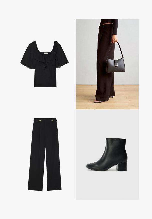 Top negru cu decolteu pătrat, detaliu din volane în față și mâneci scurte, fluide. Confecționat dintr-un material moale, cu o textură netedă.; Pantaloni negri cu picioare largi, talie înaltă, detalii cu butoane pe talie și pliseuri în față.; Cizme negre din piele până la gleznă, cu vârf ascuțit și toc robust. Textură netedă, cu accente minime și un design elegant, ajustat.; Genți negre cu o formă structurată, textură netedă și un închizător metalic. Asortată cu pantaloni negri largi și sandale cu vârf deschis pe un podea din lemn.