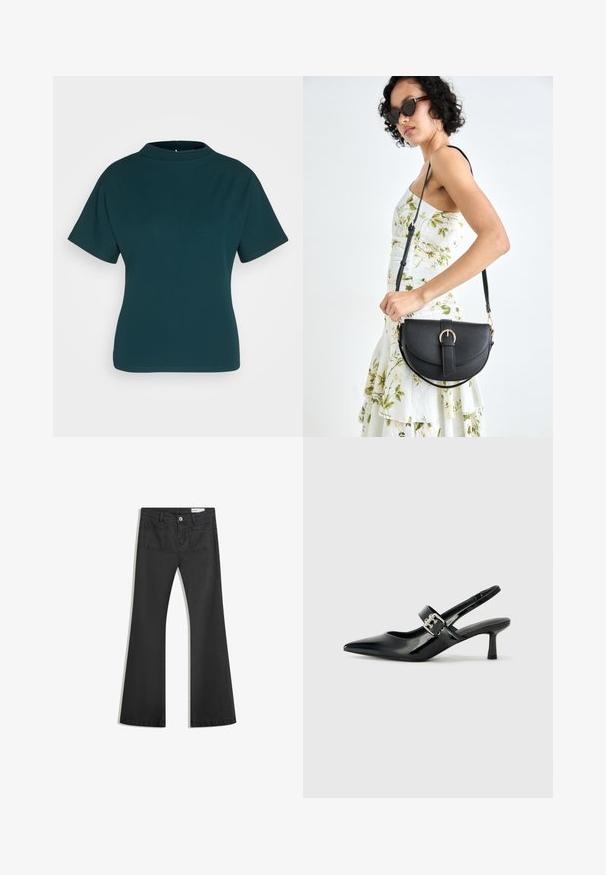 Tirkizna kratka majica s kratkimi rokavi in visokim ovratnikom, narejena iz gladkega materiala. Ima prilegajočo silhueto in minimalne šive.; Črne flare traperke z gladko teksturo, opremljene z dvema zadnjima žepoma in gumbnim zapiranjem v pasu.; Črne patent usnjene slingback pete s koničastim nosom in majhnim blok peto, ki vključujejo srebrno zaponko na traku.; Črna usnjena torbica s ukrivljeno obliko, z odstranljivo naramnico in zlatimi dodatki. Torbica ima pokrov s podrobnostmi v obliki zaponke.