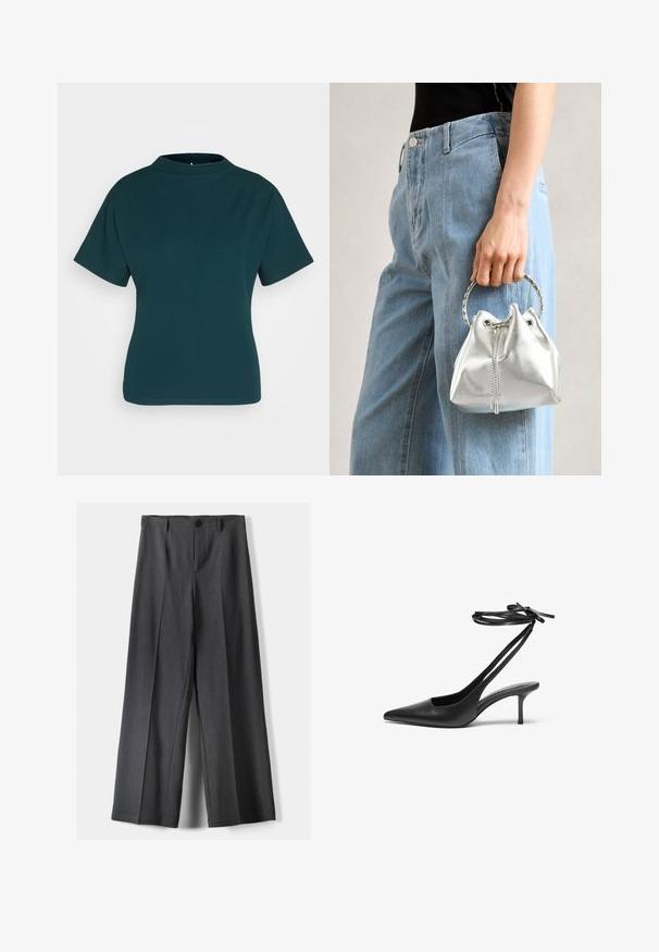 Tirkizna kratka majica s kratkimi rokavi in visokim ovratnikom, narejena iz gladkega materiala. Ima prilegajočo silhueto in minimalne šive.; Hlače širokega kroja v temno sivi tkanini, z gumbnim zapenjanjem, sprednjimi naborki in zankami za pas. Gladka tekstura s prilagojenim dizajnom.; Črne usnjene stiletto čevlje z ostrim nosom, odprtim hrbtom in zankami za gleženj, vezanimi v pentljo. Tanek 3-palčni pet. Gladka textura, minimalistična zasnova.; Metalna srebrna torba na ramenu z zrnato površino, okrašena s srebrnim okroglim ročajem in zapiranjem na vrvico, držana ob svetlo modrih džinsih.