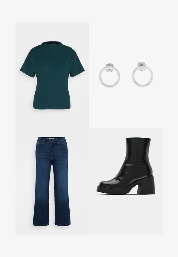 Teal kortærmet top med høj halsudskæring, lavet af glat stof. Har en tætsiddende silhuet og minimale syninger.; ONLY Petite ONLMADISON BLUSH WIDE - Wide leg - dark blue denim; Sorte ankelstøvler med en blank finish, firkantet tå og en tyk blokhæl. Designet har en strømlinet silhuet og minimal branding.; Sølvmetalløreringe med en børstet tekstur, der har et cirkulært design og en klar post til sikker bæring.