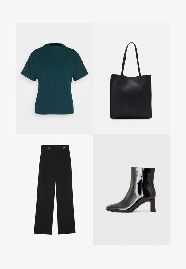 Tyrkysový top s krátkym rukávom a vysokým výstrihom, vyrobený z hladkej tkaniny. Má priliehavý strih a minimálne švy.; Čierne široké nohavice s vysokým pásom, so zapínaním na gombíky na páse a prednými sklady.; Čierne lakované členkové topánky s špicatou špičkou a stredne vysokým blokovým podpätkom. Hladká textúra a minimalistický dizajn.; Čierna kožená taška na rameno s hladkým povrchom, obdĺžnikovým tvarom a dvoma dlhými uchami. Bez viditeľného kovania alebo ozdôb.