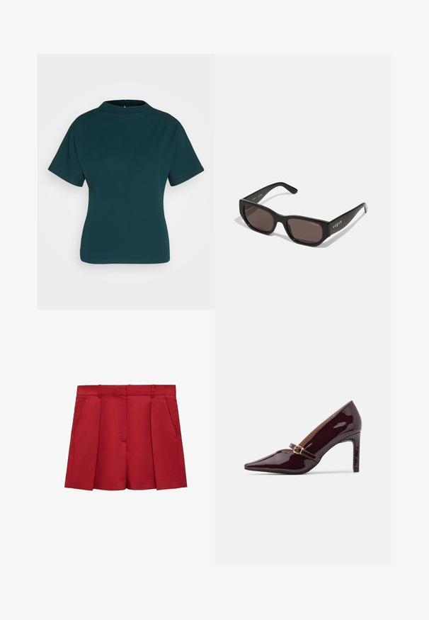 Teal kortærmet top med høj halsudskæring, lavet af glat stof. Har en tætsiddende silhuet og minimale syninger.; Røde skræddersyede shorts lavet af letvægtsstof, med flad front, to sidelommer og en skarp finish med læg.; Patenteret bordeaux højhælet sko med spidse tæer, ankelrem med guldhardware og en slank, poleret finish. Hævet stilettohæl.; Sorte rektangulære solbriller med mørke linser. Har en glat plastisk ramme og logo-detalje på stængerne. Rent, moderne design.; Burgunderfarvet håndtaske lavet af syntetisk materiale med et struktureret design, der har en aftagelig skulderrem og et blomstermønstret tørklæde bundet til håndtaget.