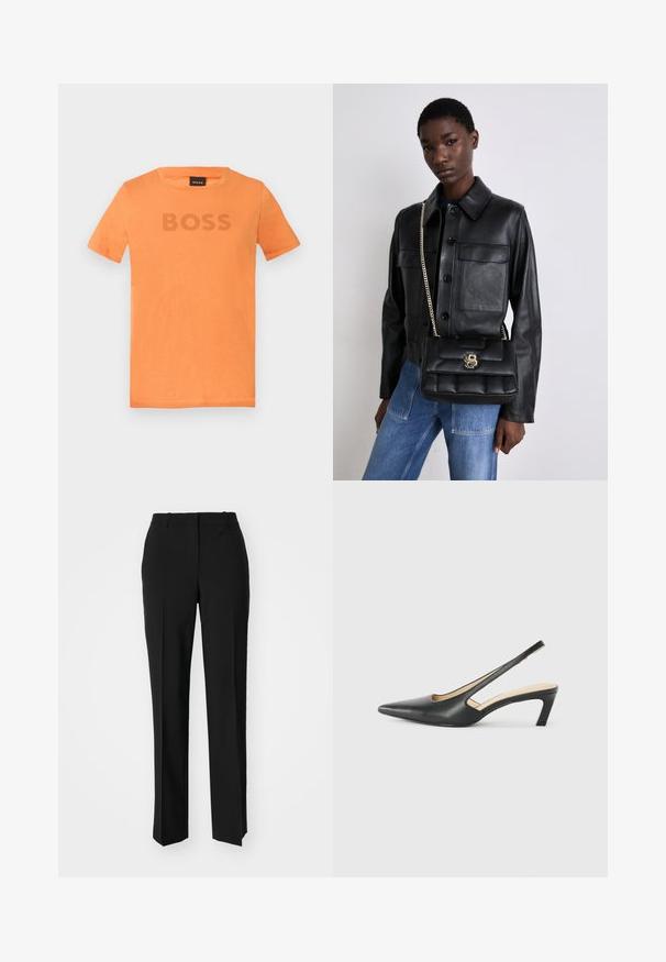 Orange kortærmet t-shirt lavet af blød bomuld, med en rund hals og teksten "BOSS" i en lidt mørkere nuance over forsiden.; Sorte skræddersyede bukser med lige ben-design, der har en glat tekstur og skarpe folder langs fronten. Ingen synlige hardware.; Sorte spidse slingback-sko med en lav hæl, lavet af glat læder og med udskæringer på siden for åndbarhed.; Sort læderjakke med knaplukning og to frontlommer, parret med en sort quiltet håndtaske med guldspænde og kædestrop.