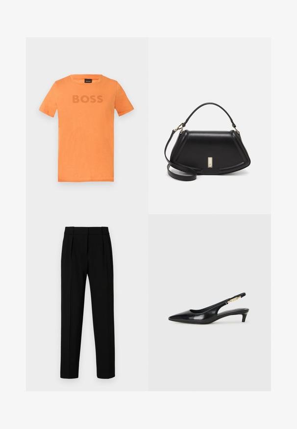 Camiseta naranja de manga corta hecha de algodón suave, con cuello redondo y el texto "BOSS" en un tono ligeramente más oscuro en la parte delantera.; Pantalones negros de corte entallado con un ajuste recto, frente con pliegues, tela pulida y cintura media. Sin bolsillos visibles ni detalles de herrajes.; Tacones negros de piel sintética tipo slingback con punta afilada, que cuentan con un tacón delgado y un detalle en tono dorado en la correa ajustable. Textura suave.; Bolso de mano de cuero negro con un diseño estructurado, que presenta una forma recortada, asa superior y acentos en dorado. Correa de hombro ajustable incluida.