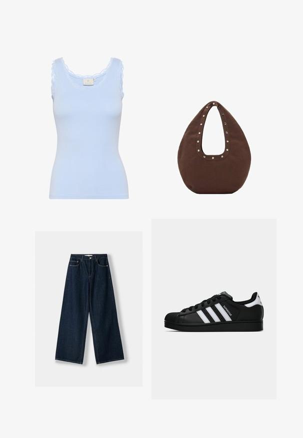 Lyseblå ribbet tanktop med en bølget blondehalsudskæring og stropper. Fremstillet af et blødt, strækbart materiale. tætsiddende silhuet.; Lyseblå og hvid lodret stribet langærmet skjorte med krave og brystlomme.; Mørkeblå, vide jeans lavet af denim. Har fem lommer, knap- og lynlås lukning samt kontrastsyning detaljer.; Sort Adidas Superstar sneaker med hvide striber, skaletå og "Superstar"-tekst på siden, vist i sideprofil på hvid baggrund.; Brun tote taske med en buet form, udstyret med et stort udsnit håndtag dekoreret med sølvnitter langs kanten. Fremstillet af blødt stof.