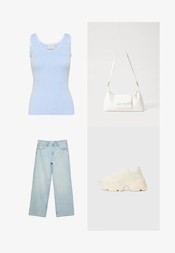 Svetlomodrý rebrovaný tielko so zoubkovaným čipkovaným výstrihom a ramienkami. Vyrobené z mäkkého, elastického materiálu. Tvarované silueta.; Svetlomodré široké džínsy z denimu, s vysokým pásom, piatimi vreckami a jemným vyblednutím. Priamy strih s olemovanými okrajmi.; Masívne biele tenisky vyrobené z texturovanej sieťoviny a syntetických materiálov, s hrubou podošvou a zložitými vzorovými detailmi na bokoch.; Biela syntetická kabelka s trojuholníkovým tvarom, plochým predným klapkou a detailom mašle, nastaviteľným popruhom, hladkou textúrou a minimalistickým dizajnom.