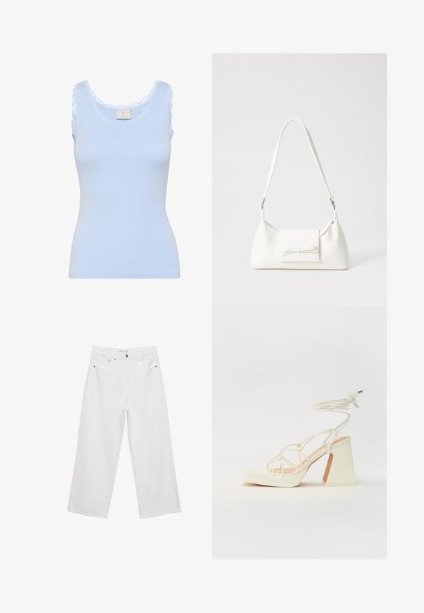 Canotta a righe blu chiaro con scollatura e spalline in pizzo scallop. Realizzata in un materiale morbido ed elasticizzato. Silhouette aderente.; Jeans bianchi a gamba larga realizzati in denim con vita alta, dotati di cinque tasche e dettagli in metallo. Texture liscia, senza motivi visibili.; Sandalo bianco con tacco alto, caratterizzato da un design a cinturini e un legaccio alla caviglia. Texture liscia con una piattaforma frontale per un'altezza aggiuntiva.; Borsa sintetica bianca a forma triangolare, con patta anteriore piatta e dettaglio a fiocco, tracolla regolabile, texture liscia e design minimalista.