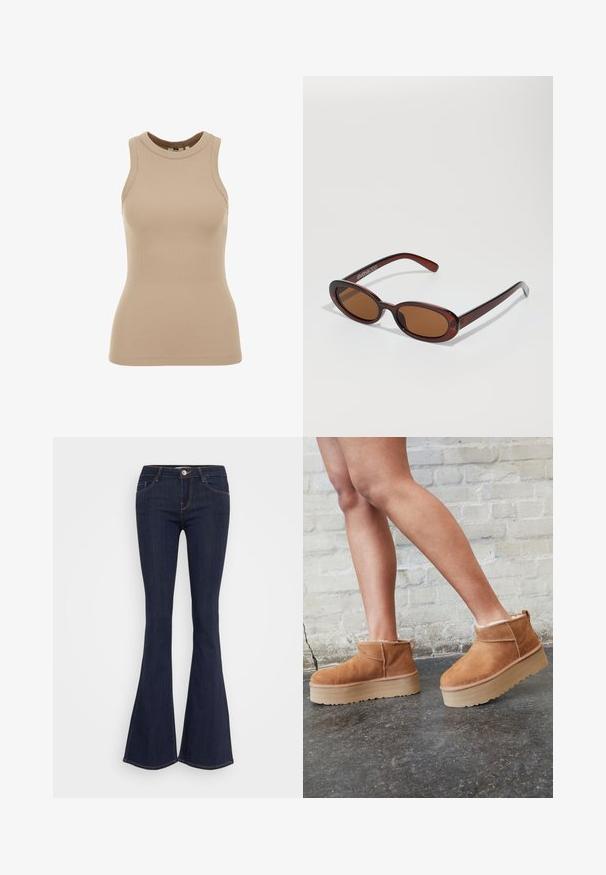 WE Fashion SINGLET - Topp - beige; Tumedast denimist valmistatud flared teksad, millel on sobiv puusavöö, eesmine nööbikinnitus, viie taskuga disain ja õmblusest detailid jalgadel.; Pruunist seemsest valmistatud pahkluu saapad, millel on pehme vooder, paks beež platvormi konts ja tagumine tõmblukk. Tekstureeritud pind nähtavate õmbluse detailidega.; Ümar, pruunikased päikeseprillid läikiva burgundia raami ja peente kaubamärgi detailidega. Peened sangad ja lame läätsedesain.