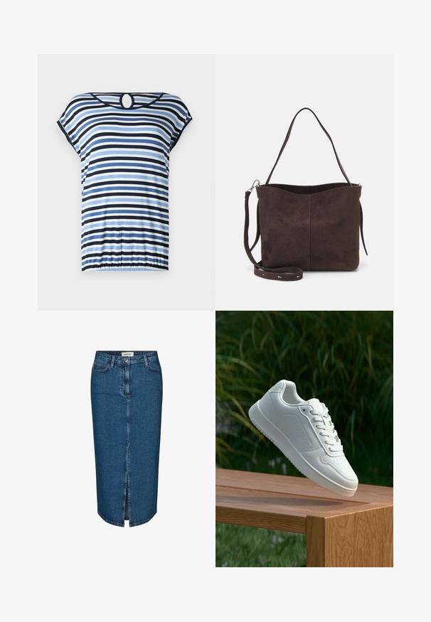 Striped top featuring blue, navy, and white horizontal lines. Short sleeves, gathered hem, and a circular cutout at the back. Soft fabric.; Denim pencil skirt in dark blue, featuring a front slit, five pockets, and contrasting stitching. Mid-rise waist with a classic design.; White sneaker with a smooth synthetic upper, perforated toe box, flat laces, and a textured sole, displayed on a wooden surface.; Brown suede tote bag with a soft texture, featuring a single shoulder strap and a subtle curved top opening. No visible hardware details.