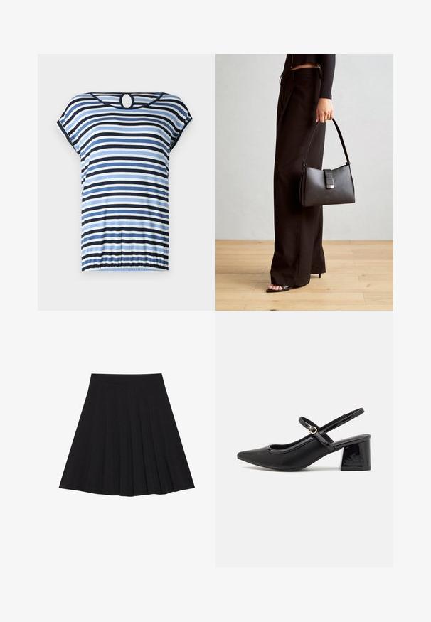 Stripetopp med blå, marineblå og hvite horisontale linjer. Korte ermer, rynket kant og et sirkulært utsnitt bak. Myk stoff.; Svart plisserte skjørt laget av teksturert stoff med en tettsittende linning. Går til knelengde, med en glatt, ren silhuett.; Sorte lakk lær slingback hæler med spiss tå, et avrundet utskjæringsdesign og blokkheel. Har en gulltone spenne som detalj.; Svart håndveske med strukturert form, jevn tekstur og metallisk lås. Kombinert med brede svarte bukser og sandaler med åpen tå på tregulv.