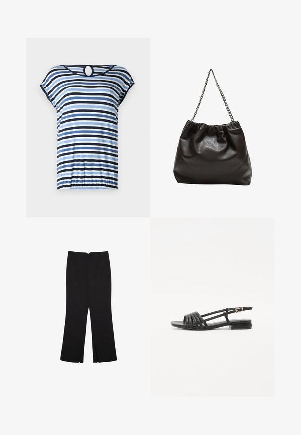 Stripet top med blå, navy og hvide vandrette striber. Korte ærmer, samlet kant og en cirkelformet udsparing bagpå. Blødt stof.; Sorte bukser med lige pasform, der har frontlommer og slidser i kanten. Lavet af blødt, glat stof. Velegnet til forskellige anledninger.; Sorte flade sandaler med en stropdesign, der har flere læderstropper og en smal ankelspænde. Sålen er flad og rektangulær.; Brun lædertaske med en rynket top og en kædestrop. Glat tekstur med en blank finish og subtile sømdetaljer på siderne.