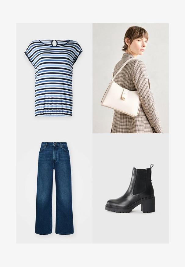 Csíkos felső kék, sötétkék és fehér vízszintes csíkokkal. Rövid ujjú, gyűrt alsó résszel és kör alakú kivágással a hátsó részén. Puha anyag.; Magas derekú, széles szárú farmernadrág sötétkék denimből, sima tapintással, kontrasztos varrással és öt zsebes kialakítással. Elöl gombos záródás.; Fekete bőr bokacsizma vastag sarokkal, elasztikus oldalsó panelekkel és hátsó húzófüllel. Texturált talp a jobb tapadás érdekében.; Fehér bőr táska strukturált dizájnnal, mágneses záródással és vállpánttal, semleges háttér előtt bemutatva.