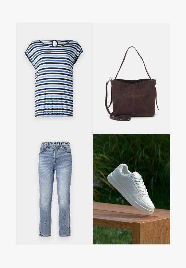 Csíkos felső kék, sötétkék és fehér vízszintes csíkokkal. Rövid ujjú, gyűrt alsó résszel és kör alakú kivágással a hátsó részén. Puha anyag.; Világoskék farmernadrág egyenes fazonnal, magas derékkal, koptatott textúrával és öt zsebbel. Fém gombos és cipzáras záródással rendelkezik.; Fehér sportcipő sima szintetikus felsőrésszel, perforált lábujjrész, lapos fűzőkkel és texturált talppal, fából készült felületen kihelyezve.; Barna velúrbőr táska puha tapintással, egyetlen vállpánttal és finoman ívelt felső nyitással. Nincs látható fémrész.