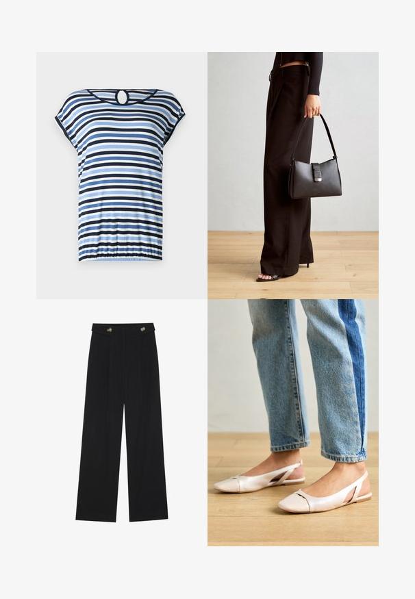 Svītrota blūze ar zilām, tumši zila un baltām horizontālām svītrām. Īsām piedurknēm, pulcinātu apakšmalu un apļa izgriezumu aizmugurē. Mīksts audums.; Melnas platās bikses ar augstu jostasvietu, pogu detaļām uz jostas un priekšējām krokām.; Bālti rozā siksniņu dzīvokļi ar smailu purngalu, izgatavoti no gludas ādas līdzīgās materiāla. Iezīmē izgriezumu detaļas sānos un platu papēdi.; Melnā somiņa ar strukturētu formu, gludu tekstūru un metālu sprādzi. Saskaņota ar platām melnām biksēm un sandālēm ar atvērtu purngalu uz koka grīdas.