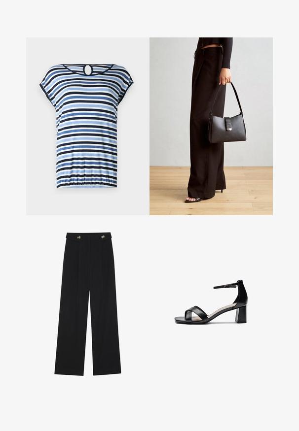 Csíkos felső kék, sötétkék és fehér vízszintes csíkokkal. Rövid ujjú, gyűrt alsó résszel és kör alakú kivágással a hátsó részén. Puha anyag.; Fekete, bő szárú nadrág magas derékkal, gombos részletekkel a derékrészen és elülső pliszékkal.; Fekete, nyitott orrú, sarokkal ellátott szandál keresztbe tett pántokkal, állítható bokapánttal és vastag sarokkal, sima bőrtapintással.; Fekete kézi táska strukturált formával, sima textúrával és fémből készült záródással. Széles fekete nadrággal és nyitott orrú szandállal párosítva, fából készült padlón.