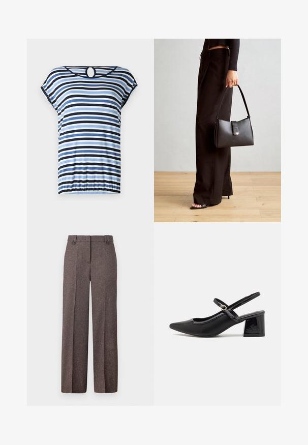Pasiasty top w niebieskie, granatowe i białe poziome linie. Krótkie rękawy, zgromadzony dół i okrągłe wycięcie z tyłu. Miękka tkanina.; Brązowe spodnie z szerokimi nogawkami wykonane z teksturowanej tkaniny. Posiadają dwie przednie kieszenie oraz dopasowany krój z dwoma guzikami w pasie.; Czarne lakierowane czółenka na słupku ze spiczastym noskiem, lekko zaokrąglonym wycięciem i obcasem w kształcie bloku. Posiadają złotą klamrę jako akcent dekoracyjny.; Czarna torebka o usztywnionym kształcie, gładkiej fakturze i metalowym zapięciem. Połączona z szerokimi czarnymi spodniami i sandałami na otwartym palcu na drewnianej podłodze.