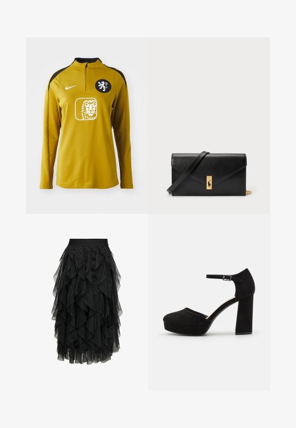 Žuta sportska majica dugih rukava s četvrtim zatvaračem, crni akcenti na ramenima, grb lava na prsima i Nike logo na lijevom ramenu.; Crna midi suknja od slojeng tulle s volanima. Ima elastičnu struk. Prozirna tkanina dodaje teksturu i pokret.; Crne suede platform cipele s debljim blok petom, zaobljenim vrhom i trakama za gležnjeve učvršćenim metalnom kopčom. Cijela površina je glatka.; Crna kožna novčanica s preklopom, zlatnim hardverom i akcentom s logom. Uključuje odvojivi remen za nošenje.