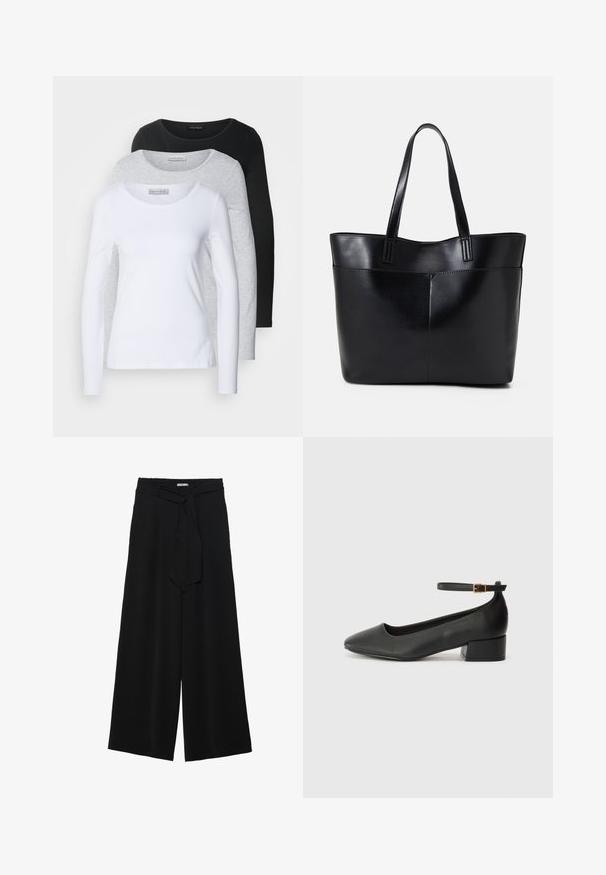 Tri dolge rokave majice v beli, sivi in črni barvi; okrogli izrez; gladka tkanina; oznake vidne na sivi majici za identifikacijo blagovne znamke.; Črne široke hlače iz teksturirane tkanine, z elastičnim pasom in odstranljivim trakom na pasu za prilagodljivo prileganje.; Črne usnjene pumpice z nazobčanimi prsti in nizko blokasto peto. Imajo trak okoli gležnja z zaponko v zlatem tonu. Gladka tekstura.; Črna usnjena torba z dvema dolgima ročajema, gladko teksturo in strukturirano obliko. Ima sprednji žep za dodatno shranjevanje.