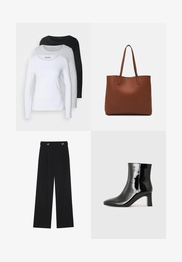 Three long-sleeve t-shirts in white, grey, and black; round necklines; smooth fabric; tags visible on the grey shirt for brand identification.; Black wide-leg trousers with high waist, button details on waistband, and front pleats.; Black patent leather ankle boot with a pointed toe and a mid-height block heel. Smooth texture and minimalist design.; Brown leather tote bag with a smooth texture, open top design, and two shoulder straps. Features minimal stitching and no visible hardware.