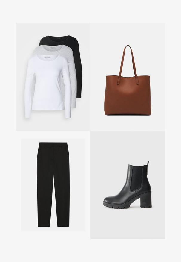 Tri dolge rokave majice v beli, sivi in črni barvi; okrogli izrez; gladka tkanina; oznake vidne na sivi majici za identifikacijo blagovne znamke.; Črne hlače z oblikovanim krojem, ki imajo stranske žepke in ravno nogavico. Narejene so iz gladkega, lahkotnega materiala z elegantnim zaključkom.; Črne usnjene gležnjarje z elastičnimi stranskimi paneli, robustnim gumijastim podplatom in visokim blokastim peto. Imajo zanko na hrbtni strani.; Rjava usnjena torba z gladko teksturo, odprto zasnovo zgoraj in dvema naramnima trakovoma. Opremljena je z minimalnim šivanjem in brez vidnih kovinskih delov.