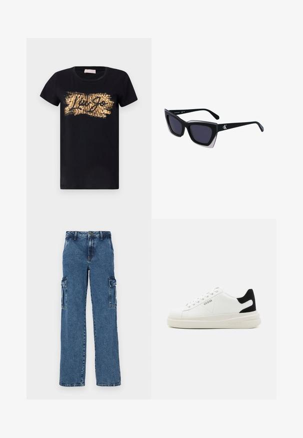 Schwarzes Baumwoll-T-Shirt mit kurzen Ärmeln und rundem Halsausschnitt, mit einem goldenen und braunen Druckdesign, das den Text "Liu Jo" zeigt.; Blaue Denim-Cargohosen mit lockerer Passform, ausgestattet mit zwei Seitentaschen, verstärkten Nähten und einem geraden Bein-Design.; Weiße Leder-Sneaker mit einer dicken weißen Sohle, schwarzem Wildlederakzent an der Ferse und geprägtem Logo an der Seite. Schnürdesign mit sechs Ösen.; Schwarze übergroße Sonnenbrille mit geometrischer Form, ausgestattet mit dunklen Gläsern und einem kontrastierenden grauen Detail im Rahmen. Logo am Bügel.