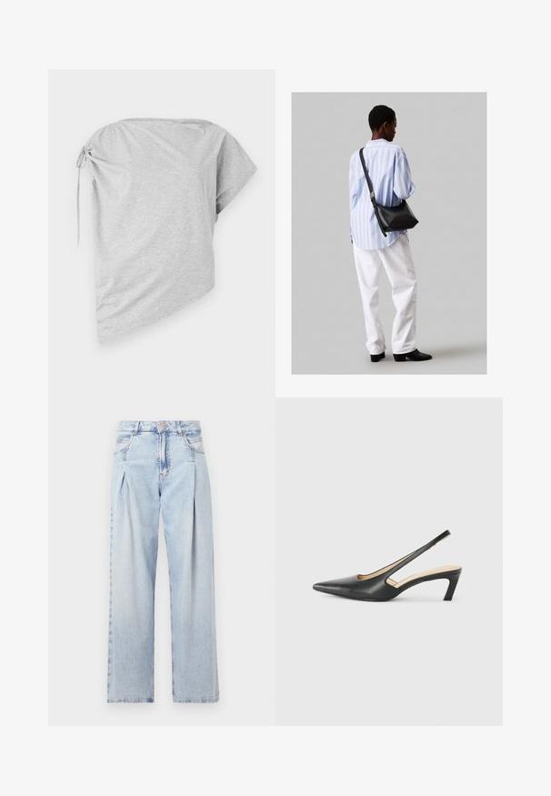 Asimetrinė pilka marškinė su minkšta medžiaga, turinti surištą akcentą viename šone ir plačią kaklo iškirpę, su trumpomis rankovėmis ir laisvu siluetu.; Šviesiai mėlyni džinsai su aukštu liemeniu, plačiomis kojomis, dviem šoninėmis kišenėmis ir raukinių dizainu. Minkšta tekstūra su nudilusia apdaila.; Juodas smailus slingback batelis su žemu kulnu, pagamintas iš lygaus odos paviršiaus ir su išpjovomis šone, užtikrinančiomis oro pralaidumą.; Juodas odinis petinis krepšys su minkšta tekstūra, trikampiu pavidalu ir reguliuojama juosta, derinamas su šviesiai mėlynu dryžuotu marškinėliu ir baltais džinsais.