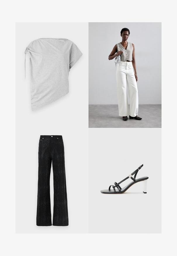 Asymmetrische grijze t-shirt van zachte stof, met een gebonden accent aan de ene kant en een brede halslijn, met korte mouwen en een comfortabele pasvorm.; Zwarte wijde broek met een gestructureerd oppervlak, voorzien van een glinsterend patroon. Afgewerkt met een standaard tailleband en metalen knoopdetails.; Zwarte hakken sandalen met meerdere smalle banden, een slingback ontwerp en een zilveren accent op de hak. Glad bovenmateriaal en vierkante hak.; Grijs gecropped vest met knopen, gecombineerd met witte wijde jeans en zwarte platte schoenen. Geaccentueerd met een kleine zilveren franjen tas.