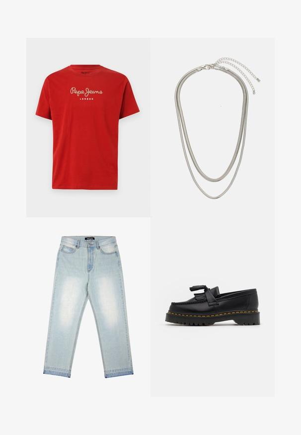 Punane puuvillane T-särk lühikeste varrukatega. Omab valget käekirja "Pepe Jeans" logo ja allpool on trükitud "LONDON". Klassikaline ümberkaelus.; Pegador BARROW - Loose fit teksad - sand washed blue; Mustmust musta loafer, millel on frantsiisi aktsent, paks must tald ja kollane õmblus servas. Tekstuuriga viimistlus.; Kolmekihiline hõbedane metallkaelakee, mis on valmistatud peentest, paindlikest kettidest kerge läikega, kinnitatud krabi sulguri ja reguleeritava ketiga.