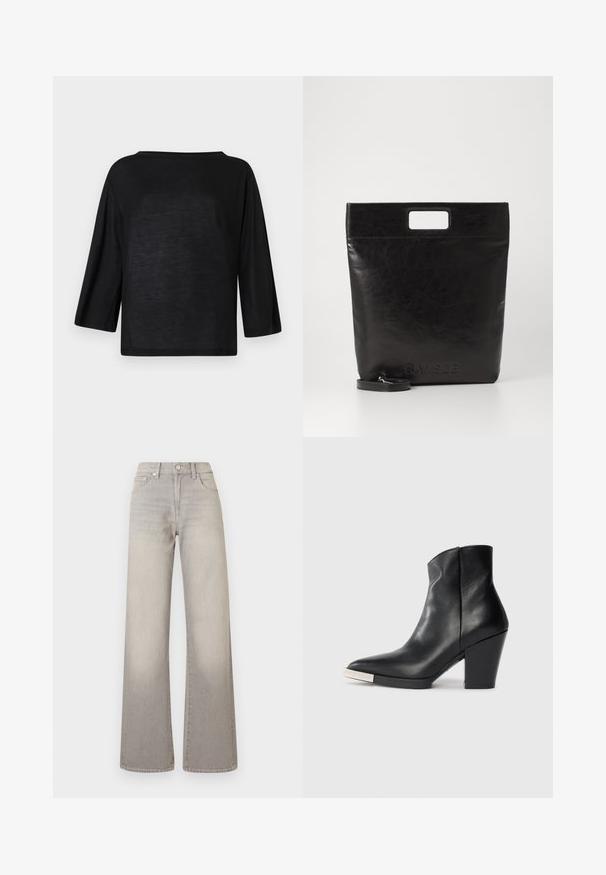 Black, loose-fitting top with a wide neckline and three-quarter sleeves. Material appears soft and lightweight with a smooth texture.; Gray wide-leg jeans with a faded finish, button closure, five-pocket design, and stitched detailing along the seams.; Black leather ankle boot with a pointed toe, high block heel, and silver toe cap detail. Smooth texture and simple design.; Black leather tote bag with a square handle, featuring a textured finish and embossed logo. Includes a detachable strap.