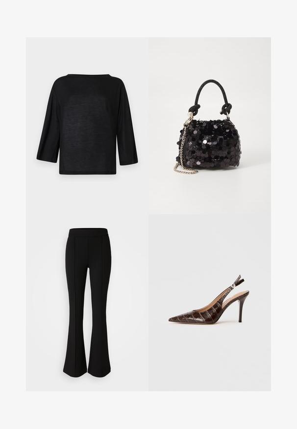 Svart, løs passform topp med vid hals og trekvartlange ermer. Materialet virker mykt og lett med en jevn tekstur.; Svarte vide bukser laget av et elastisk materiale med en glatt tekstur, og har sømdetaljer langs fronten for ekstra design.; Brune, krokodilleskinn-embossed slingback pumpe med spiss tå, åpne sider og en tynn høy hæl. Designet med en spennejustering.; Svart paljettmini-veske med en knyttet teksturert stropp og sølvkjede. Rund form med samlet topp og reflekterende detaljer.