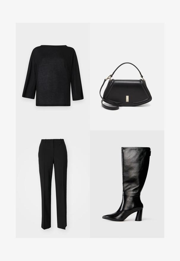 Zwarte, losvallende top met een wijde halslijn en driekwartmouwen. Materiaal lijkt zacht en licht van gewicht met een gladde textuur.; Zwarte op maat gemaakte broek met een recht model, voorzien van een soepele textuur en scherpe plooien aan de voorkant. Geen zichtbare hardware.; Zwart leren laars tot de knie met een puntige neus, gladde textuur en een chunky hak. Bevat een ritsdetail aan de achterkant.; Zwarte leren handtas met een gestructureerd ontwerp, featuring een verkorte vorm, bovenhandvat en gouden hardwareaccent. Inclusief verstelbare schouderband.