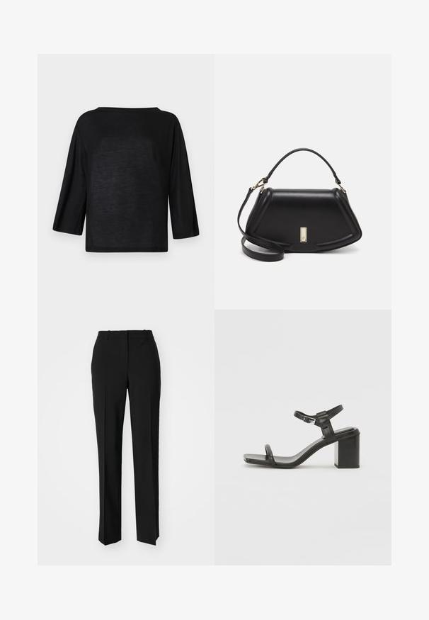 Crna, labava majica s širokim dekolteom i rukavima do tri četvrtine. Materijal izgleda mekano i lagano s glatkom teksturom.; Crne krojene hlače ravnog kroja, s glatkom teksturom i oštrim pregibima naprijed. Bez vidljivih metalnih dijelova.; Crne kožne sandale s blok petom, širokom trakom preko prstiju i podesivom trakicom oko gležnja, s elegantnim, minimalističkim dizajnom.; Crna kožna torba s strukturiranim dizajnom, s krojenim oblikom, gornjom drškom i zlatnim detaljima. Uključena je podesiva ramena traka.