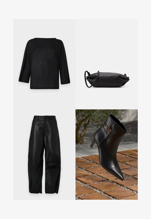 Schwarzes, locker sitzendes Oberteil mit weitem Ausschnitt und drei Viertelärmeln. Das Material wirkt weich und leicht mit einer glatten Textur.; Schwarze Lederhose mit lockerer Passform, geradem Bein, Fronttaschen und sichtbaren Nähten.; Schwarze Leder-Ankle-Boots mit spitzem Zehen und kleinem Absatz. Mit einem goldenen Kettenakzent am Knöchel. Umgeben von einer strukturierten Steoberfläche.; Schwarze Leder-Clutch mit rechteckiger Form, glatter Textur, dünnem Schulterriemen und minimalistischer Gestaltung.