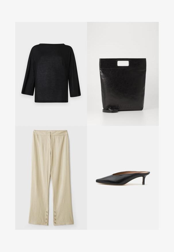 Zwarte, losvallende top met een wijde halslijn en driekwartmouwen. Materiaal lijkt zacht en licht van gewicht met een gladde textuur.; Beige wijde broek met een textuurstof. Heeft een platte tailleband en vijf knopen aan de onderkant voor sluiting. Geplooid ontwerp.; Zwarte leren muiltjes met een puntige neus en een lage, blokhak. Glad oppervlak met een gestroomlijnd ontwerp. Open achterkant met minimale details.; Zwarte leren draagtas met een vierkant handvat, met een gestructureerde afwerking en een reliëflogo. Inclusief een afneembare schouderband.