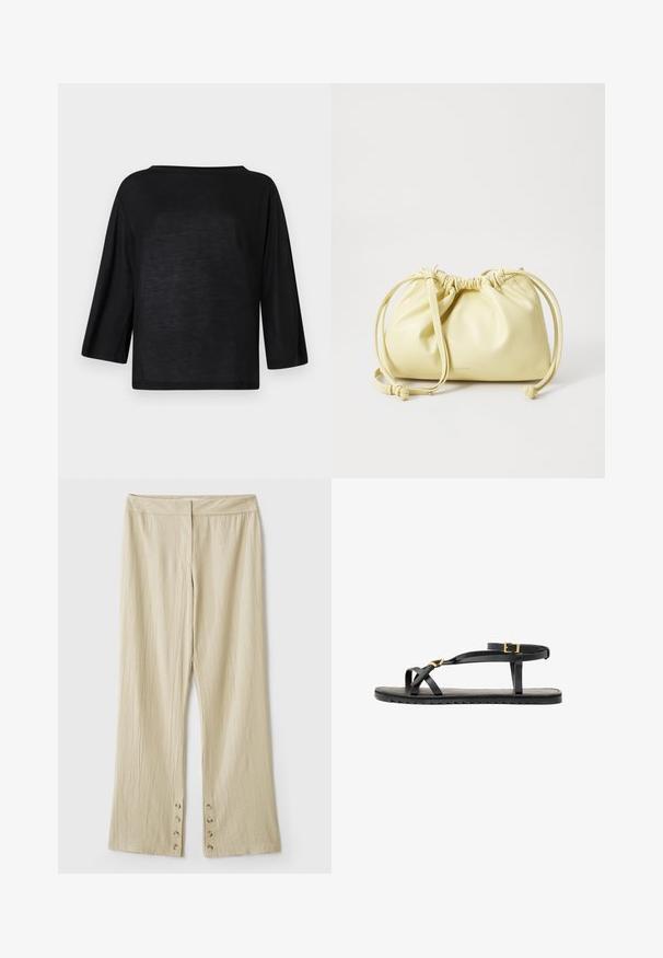 Schwarzes, locker sitzendes Oberteil mit weitem Ausschnitt und drei Viertelärmeln. Das Material wirkt weich und leicht mit einer glatten Textur.; Beige weit geschnittene Hose aus strukturiertem Stoff. Mit einem flachen Bund und fünf Knöpfen am Saum zum Schließen. Falten-Design.; Schwarze Ledersandalen mit dünnen Riemen und einem geschnallten Knöchelriemen. Flache Sohle mit texturiertem Finish und Zickzackkante. Minimalistisches Design.; Gelbe Lederhandtasche mit gerafftem Design, verstellbarem Kordelzugverschluss und einem langen, einzelnen Tragegurt. Minimale Markenkennzeichnung am Boden.