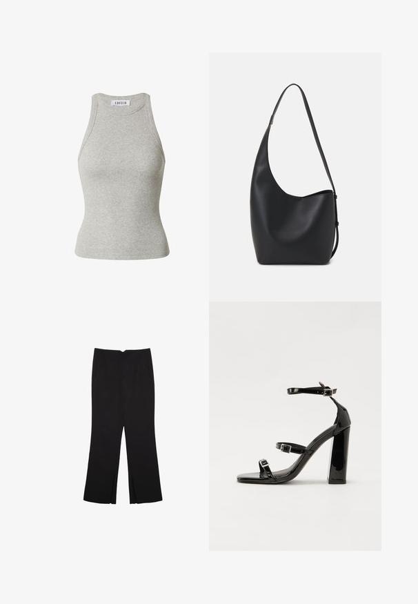Gray ribbed tank top with a high neckline and sleeveless design, featuring a fitted silhouette and a stitched label at the neck.; Black trousers with a straight fit, featuring front pockets and side slits at the hem. Made of soft, smooth fabric. Suitable for various occasions.; Black patent heeled sandals with a square toe, ankle straps, and silver buckles. Features a chunky block heel for stability.; Black leather hobo bag with a smooth texture, curved shape, and single adjustable strap; features a wide opening at the top.