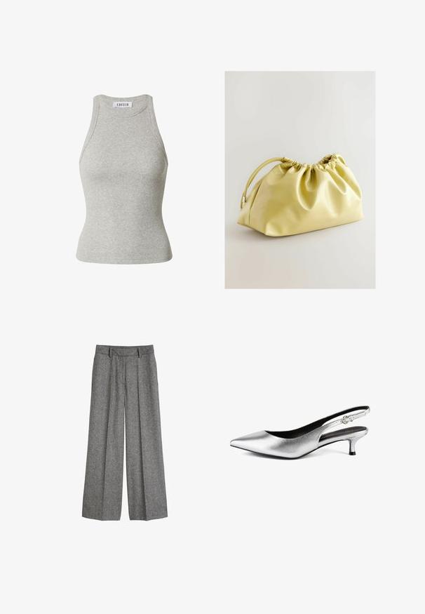 Gray ribbed tank top with a high neckline and sleeveless design, featuring a fitted silhouette and a stitched label at the neck.; Grey woolen wide-leg trousers with belt loops and front pleats, designed for a relaxed, tailored fit.; Silver metallic slingback pump with pointed toe, low kitten heel, and smooth texture. Features a narrow strap with a small buckle detail.; Next Clutch - yellow