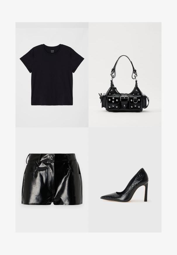 Zwarte T-shirt met korte mouwen, gemaakt van zachte katoen. Klassiek ontwerp met ronde hals en een eenvoudige, ongecompliceerde uitstraling met een comfortabele pasvorm.; Zwarte, glanzende shorts van synthetisch materiaal. Heeft een aansluitende taille, riemlussen en voorzakken met opvallende stikseldetails.; Zwarte puntige hoge hak schoen met een krokodillenleren textuur, met een slank ontwerp, hoge stiletto-hak, en een gladde zwarte binnenkant.; Zwarte lederen handtas met een gebogen ontwerp, voorzien van zilveren studs, een gesp en twee zijvakken. Verstelbare schouderband voor verschillende draagmogelijkheden.