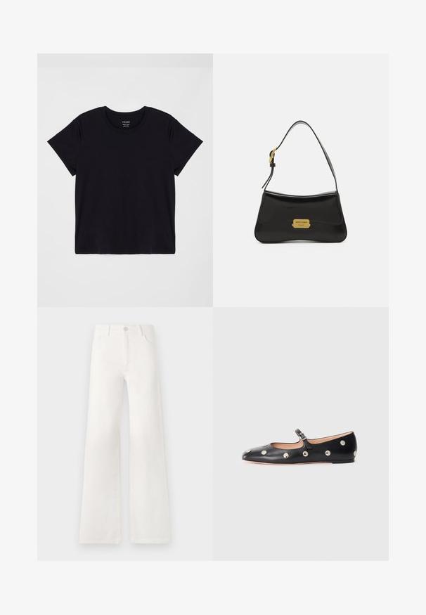 Schwarzes Kurzarm-T-Shirt aus weicher Baumwolle. Klassisches Rundhalsausschnitt-Design mit einer einfachen, ungeschmückten Oberfläche und einem lockeren Schnitt.; Weiße, hoch taillierte, weite Jeans aus Denim. Verfügt über einen Knopfverschluss, zwei Fronttaschen und Seitennähte mit Stickdetails.; Schwarze Leder-Mary-Jane-Ballenflats mit runder Zehenform, ausgestattet mit silbernen runden Nieten und einem verstellbaren Riemen mit Schnalle.; Schwarze Lederhandtasche mit geschwungenem Design, goldfarbener Logo-Plakette und schmalem Schulterriemen. Glatte Textur mit eleganter Oberfläche.
