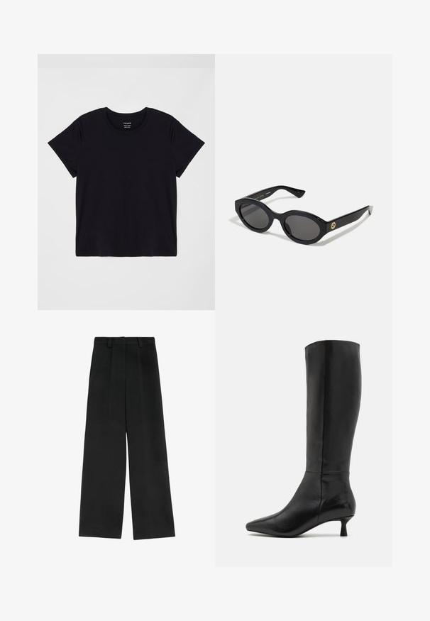 Zwarte T-shirt met korte mouwen, gemaakt van zachte katoen. Klassiek ontwerp met ronde hals en een eenvoudige, ongecompliceerde uitstraling met een comfortabele pasvorm.; Zwarte wijde broek met hoge taille, voorzien van twee plooien aan de voorkant, riemlussen en een gladde textuur. Geen zakken of zichtbare hardware.; Zign Laarzen - black; Zwarte ovale zonnebril met donkere glazen en een glanzend kunststof frame. Heeft een gouden logo op de poot, dat een strakke en moderne uitstraling biedt.; Zwarte leren schoudertas met een gladde textuur, voorzien van een dunne, lange schouderband en een subtiele stiknaad in het midden.