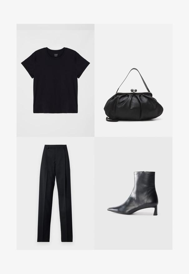 Black short-sleeve t-shirt made of soft cotton. Classic round neck design with a simple, unembellished surface and a relaxed fit.; Black trousers made from smooth fabric featuring a high waist, wide legs, front pleats, and classic belt loops. No side pockets visible.; Black leather ankle boot with a pointed toe and a sleek design. Features a low heel and a zipper closure at the back. Smooth texture.; Black leather handbag with a rounded, pleated design. Features a metallic clasp with two decorative balls and a slim, detachable strap.