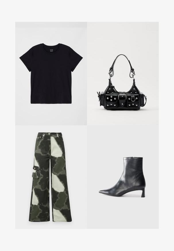 Zwarte T-shirt met korte mouwen, gemaakt van zachte katoen. Klassiek ontwerp met ronde hals en een eenvoudige, ongecompliceerde uitstraling met een comfortabele pasvorm.; Wijde cargo-broek in donkergroen met lichtgrijze camouflageprint. Voorzien van een zijzak en metalen knoop, gemaakt van duurzaam katoen.; Zwarte leren enkellaars met een spitse neus en een slank ontwerp. Heeft een lage hak en een ritssluiting aan de achterkant. Gladde textuur.; Zwarte lederen handtas met een gebogen ontwerp, voorzien van zilveren studs, een gesp en twee zijvakken. Verstelbare schouderband voor verschillende draagmogelijkheden.