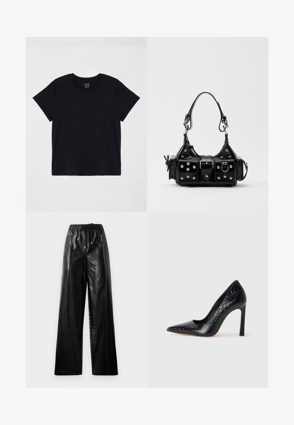 Czarna koszulka z krótkim rękawem wykonana z miękkiej bawełny. Klasyczny okrągły dekolt, z prostą, nieozdobioną powierzchnią i luźnym krojem.; Czarne skórzane spodnie typu wide-leg z elastycznym pasem, sznurkiem i złotymi akcentami. Gładka tekstura i luźny krój.; Czarne szpilki z ostrym noskiem, pokryte teksturą skóry krokodyla, charakteryzujące się eleganckim wzornictwem, wysokim obcasem w stylu stiletto oraz gładkim czarnym wnętrzem.; Czarna skórzana torebka w zakrzywionym kształcie, z srebrnymi ćwiekami, klamrą i dwoma bocznymi kieszeniami. Regulowany pasek umożliwiający różne opcje noszenia.