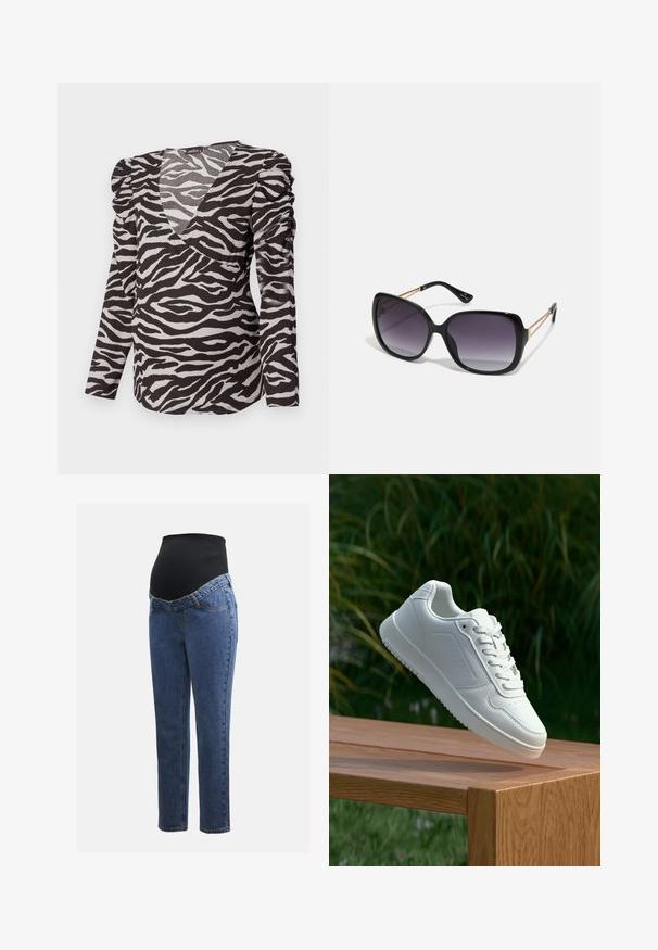 Blusa de manga longa em estampado de zebra preto e branco com decote em forma de V envolvente e detalhe de ombro franzido. Feita de tecido texturizado.; Jeans de maternidade com pernas em denim azul e um painel abdominal preto elástico projetado para suportar e cobrir uma barriga em crescimento.; Sapatilha branca com um cabedal sintético liso, caixa dos dedos perfurada, atacadores planos e uma sola texturizada, exposta sobre uma superfície de madeira.; Óculos de sol oversized pretos com lentes degradê, armações grossas e detalhes em corrente dourada nas hastes.
