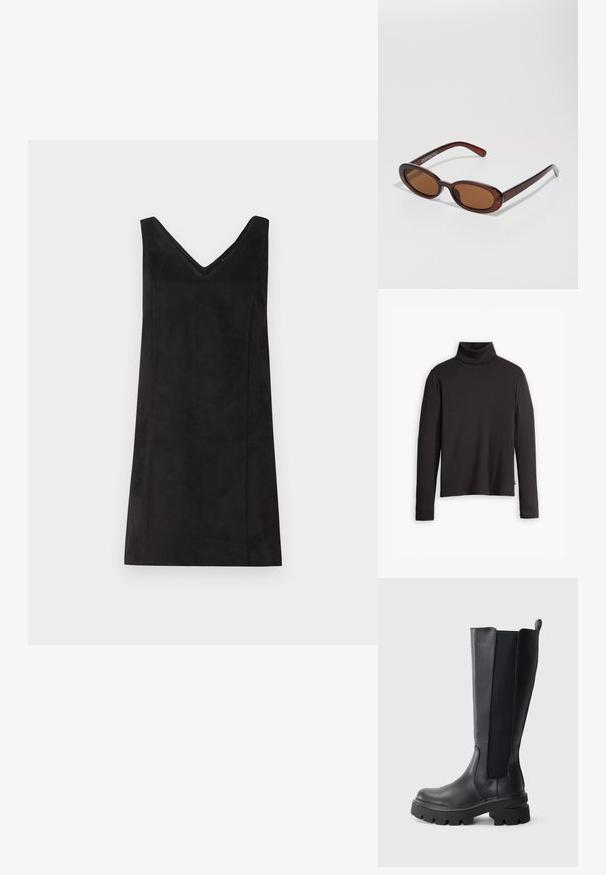 Czarny sweter z golfem, w prążki, z długimi rękawami i dopasowanym krojem. Miękka tekstura, delikatny stretch i metka po jednej stronie.; Czarna sukienka bez rękawów z dekoltem w kształcie litery V, wykonana z miękkiego materiału, o prostym kroju i minimalnych detalach. Gładka tekstura.; Czarne kozaki za kolano z gładkiej skórzanej powierzchni i kontrastującymi elastycznymi panelami bocznymi. Gruba gumowa podeszwa z wyraźnym bieżnikiem.; Okrągłe, brązowe okulary przeciwsłoneczne z błyszczącą bordową oprawą. Cienkie ramiona z subtelnym detalem marki. Płaski kształt soczewek.; Wielokolorowa torba skórzana w kolorze burgundowym, o zaokrąglonym kształcie, z grubym uchwytem i zamknięciem na zamek. Charakteryzuje się gładką teksturą oraz plecionym wzorem.