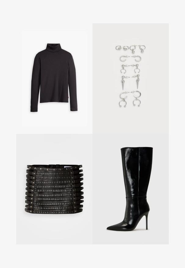 Zwarte geribde turtleneck trui met lange mouwen en een fitted ontwerp. Zachte textuur, subtiele stretch en een label aan de onderzijde.; Zwarte leren minirok met horizontale riemdetails en zilveren studs langs de bovenrand en verticale zijden.; Zwarte leren kniehoge laarzen met een spitse neus en hoge stiletto hak. Soepele textuur en strak ontwerp, met minimale detailing.; Set van zilveren oorbellen met verschillende ontwerpen: hoops, studs en hangende stijlen, met balletjes en puntige elementen.