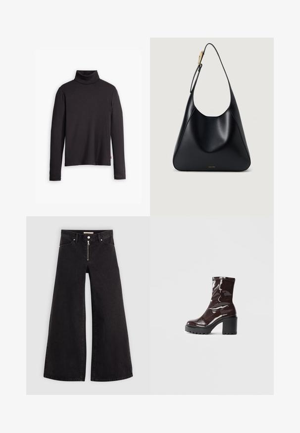 Black ribbed turtleneck sweater with long sleeves and a fitted design. Soft texture, subtle stretch, and a tag on the lower side.; Wide-leg jeans in black denim with a zippered front, five-pocket design, and subtle stitching details. Smooth texture and casual style.; Glossy burgundy ankle boot with a chunky black heel, featuring a smooth texture and simple design. No visible fastenings or patterns.; Black leather shoulder bag with a smooth texture, curved silhouette, and a gold hardware accent. Features embossed brand logo at the base.