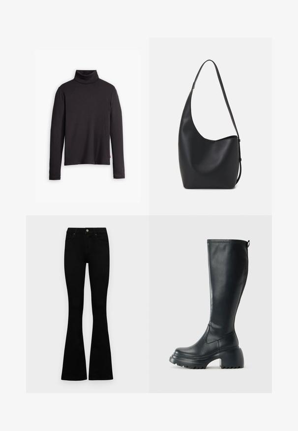Black ribbed turtleneck sweater with long sleeves and a fitted design. Soft texture, subtle stretch, and a tag on the lower side.; Black high-waist jeans with a button and zip closure, front pockets, and flared legs laid flat on a white background.; Tall black leather boot with chunky platform sole and block heel, featuring pull tab and textured tread on outsole.; Black leather hobo bag with a smooth texture, curved shape, and single adjustable strap; features a wide opening at the top.