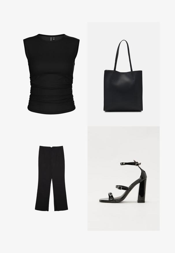 Black sleeveless top made from smooth fabric, featuring a round neckline and gathered side detailing for a fitted silhouette.; Black trousers with a straight fit, featuring front pockets and side slits at the hem. Made of soft, smooth fabric. Suitable for various occasions.; Black patent heeled sandals with a square toe, ankle straps, and silver buckles. Features a chunky block heel for stability.; Black leather tote bag with smooth texture, rectangular shape, and two long handles. No visible hardware or embellishments.